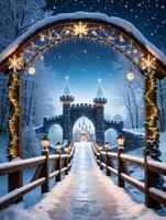photo de Noël couvert de neige pont orné avec Fée lumières et flocons de neige de premier plan à une magique la glace château. ai généré