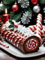 photo de Noël bonbons cannes décorer une Noël Journal avec flocons de neige sur Haut ensemble dans une de fête boulangerie. ai généré