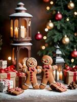 photo de Noël pain d'épice homme permanent suivant à une lanterne et une pile de cadeaux contre une toile de fond de une de fête boulangerie. ai généré