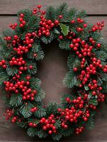 photo de Noël couronne avec rouge baies. ai généré