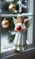 photo de Noël ange ornement à côté de une neigeux la fenêtre. ai généré