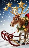 photo de Noël renne tirant une traîneau rempli avec d'or étoiles et clinquant. ai généré