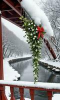 photo de Noël du gui pendaison de une neigeux pont avec glaçons avec une serein rivière écoulement sous. ai généré