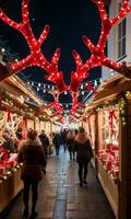 photo de Noël renne bois enveloppé avec Fée lumières et rouge rubans dans une animé Noël marché. ai généré