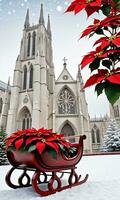 photo de Noël flocons de neige chute sur une traîneau rempli avec cadeaux et poinsettia les plantes à l'extérieur une grandiose cathédrale. ai généré