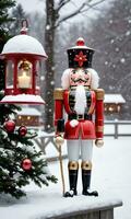 photo de Noël casse Noisette en portant une lanterne à côté de une couvert de neige nichoir dans une neigeux parc. ai généré