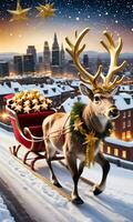 photo de Noël renne tirant une traîneau rempli avec d'or étoiles et clinquant plus de une ville ligne d'horizon. ai généré
