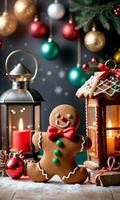 photo de Noël pain d'épice homme permanent suivant à une lanterne et une pile de cadeaux contre une toile de fond de une de fête boulangerie. ai généré