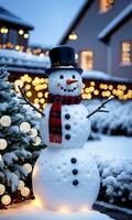 bonhomme de neige et Noël lumières dans une neigeux jardin Aube Extérieur moyen tir. ai généré photo