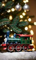 une jouet train en dessous de une Noël arbre illuminé par Fée lumières. ai généré photo