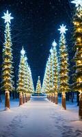 une neigeux sentier doublé avec embrasé Noël des arbres. ai généré photo