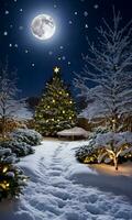 Noël lumières éclairant une couvert de neige jardin avec le lune et étoiles aérien. ai généré photo