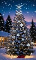 flocons de neige chute sur une Noël arbre orné avec scintillement lumières capturé à crépuscule. ai généré photo