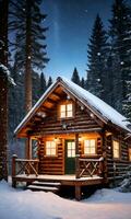 une rustique en bois cabine orné avec une embrasé étoile pin branches et chute neige capturé à crépuscule. ai généré photo