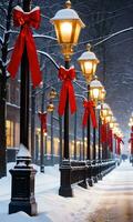 une neigeux ville rue orné avec illuminé lampe des postes d'or cloches et rouge rubans capturé à nuit. ai généré photo