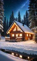 une couvert de neige paysage avec une confortable en bois cabine orné avec une embrasé étoile scintillement lumières et entouré par pin des arbres. ai généré photo