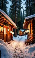 une neigeux forêt chemin illuminé par lanternes de premier plan à une confortable cabine orné avec coloré Noël lumières et entouré par pin des arbres. ai généré photo