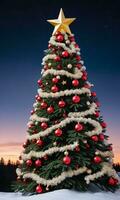 photo de Noël pin arbre orné avec bonbons cannes et d'or étoiles contre une crépuscule ciel. ai généré
