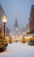 une brumeux Matin vue de une neigeux ville carré avec bâtiments orné par coloré Noël lumières d'or étoiles et couronnes de fleurs. ai généré photo