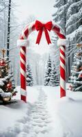photo de Noël neigeux empreintes de premier plan à une bonbons canne cambre avec pendaison bas ensemble contre le toile de fond de une neigeux forêt. ai généré