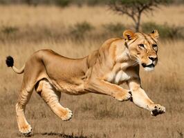 une Lion fonctionnement dans une champ. ai généré photo