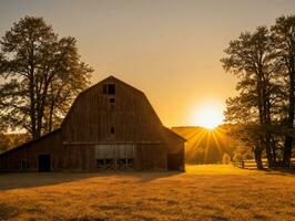 une Grange à le coucher du soleil. ai généré photo