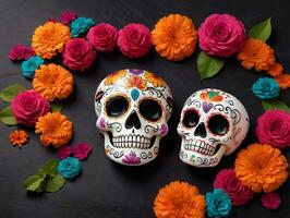 deux sucre crânes avec coloré fleurs sur une noir Contexte. ai généré photo