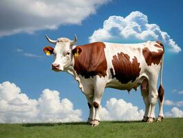 une vache permanent sur une herbeux colline. ai généré photo