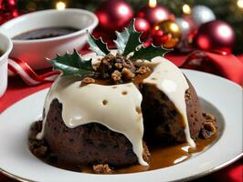 une assiette de nourriture avec une Noël arbre dans le Contexte. ai généré photo