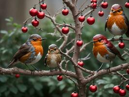 une groupe de des oiseaux séance sur une arbre branche. ai généré photo