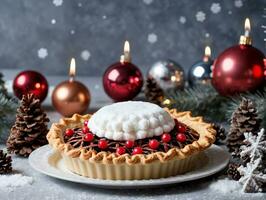 une tarte surmonté avec fouetté crème et Chocolat. ai généré photo