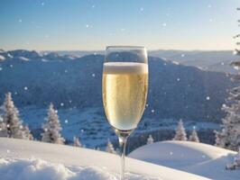 une verre de Champagne séance sur Haut de une neige couvert colline. ai généré photo