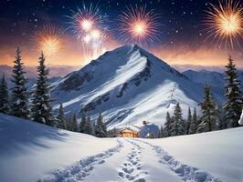 une neigeux Montagne scène avec une maison et feux d'artifice. ai généré photo