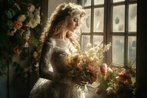 le la mariée avec une bouquet est permanent près le la fenêtre. généré par ai photo