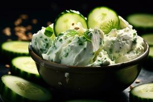 la glace crème des balles avec mariné concombres. ai généré photo