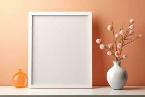 disposition de une blanc Cadre sur une table avec une vase. généré par ai photo