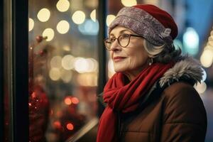 un vieilli femme dans une rouge béret avec une écharpe dans une manteau des promenades autour le Noël ville. généré par ai photo