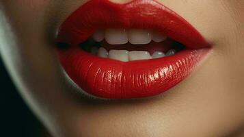 une femme avec audacieux rouge rouge à lèvres sur sa lèvres ai généré photo