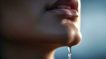 une femme avec l'eau gouttelettes chute de sa bouche dans une fermer coup ai généré photo