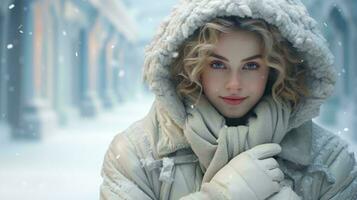 une femme dans une blanc manteau et blanc gants ai généré photo