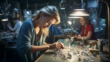 une femme artisanat bijoux à une table ai généré photo