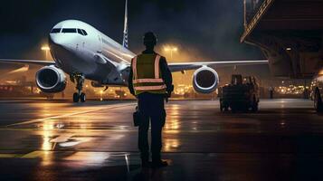 une homme permanent dans de face de un avion à nuit ai généré photo