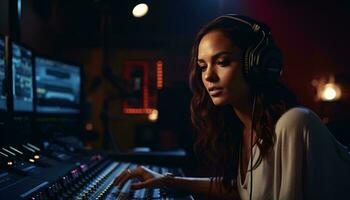 une femme à une mélange bureau portant casque de musique ai généré photo