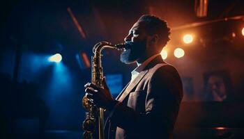 une barbu homme en jouant le saxophone ai généré photo