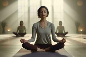 une femme méditer dans une yoga pose ai généré photo