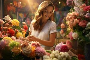 une femme permanent dans de face de une coloré bouquet de fleurs ai généré photo