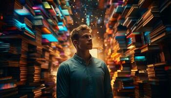 une homme entouré par une vaste collection de livres dans une confortable pièce ai généré photo
