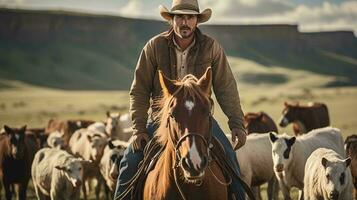 une homme équitation sur une marron cheval ai généré photo