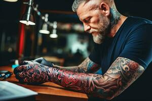 une tatoué homme travail sur une portable à une bureau ai généré photo