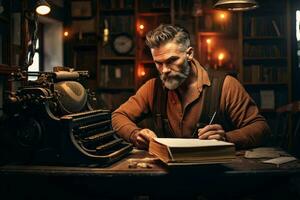 une homme l'écriture à le sien bureau avec une machine à écrire et une livre ai généré photo